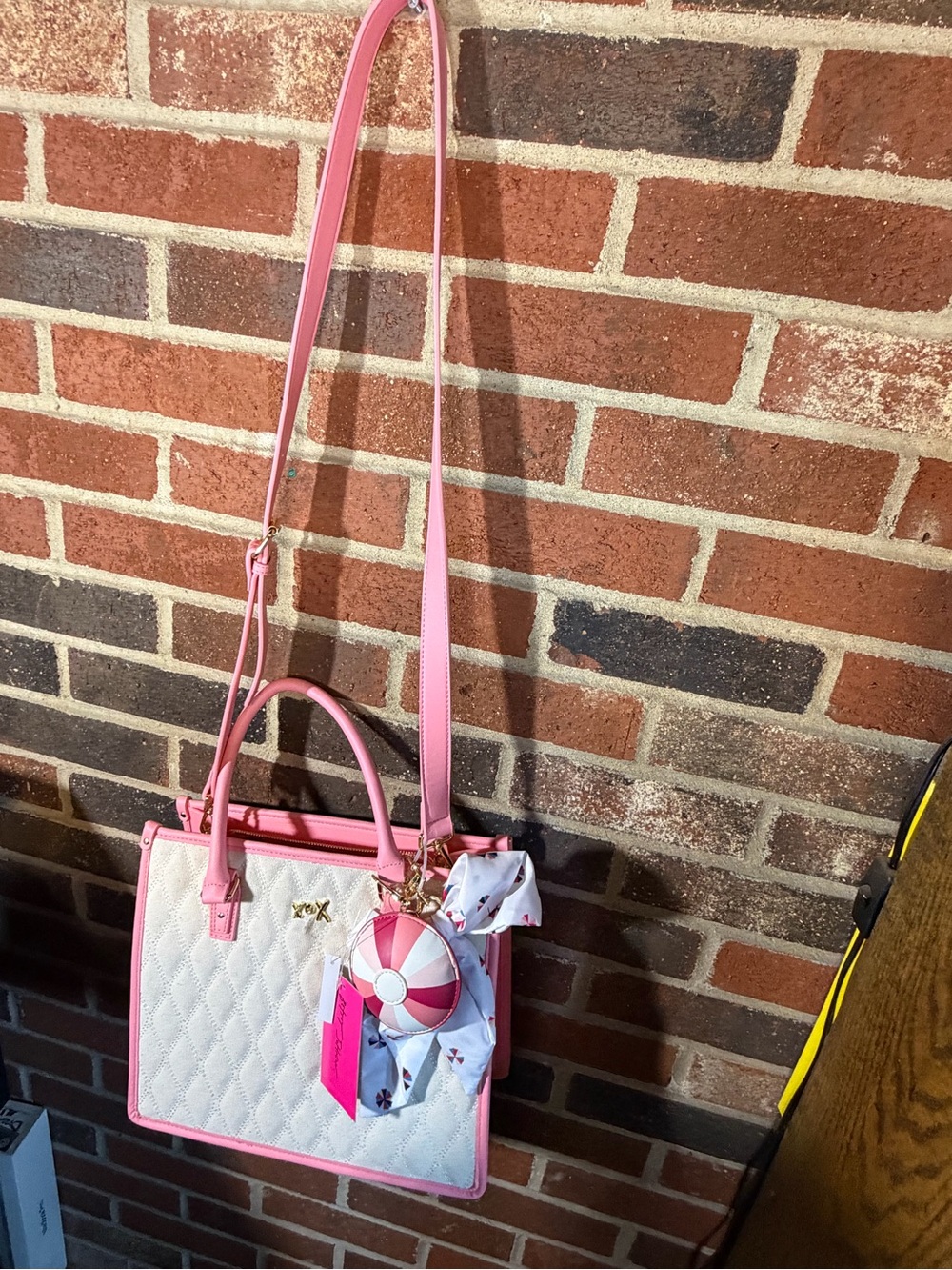 NWT Betsey Johnson Pink & Cream Quilted Tote Handbag with Scarf Accent - Picture 6 of 13
